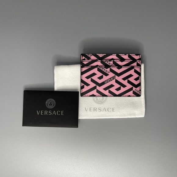 Versace La Greca Card Holder Pink Black Logo Wallet Unisex Leather Authentic New - Picture 2 of 3